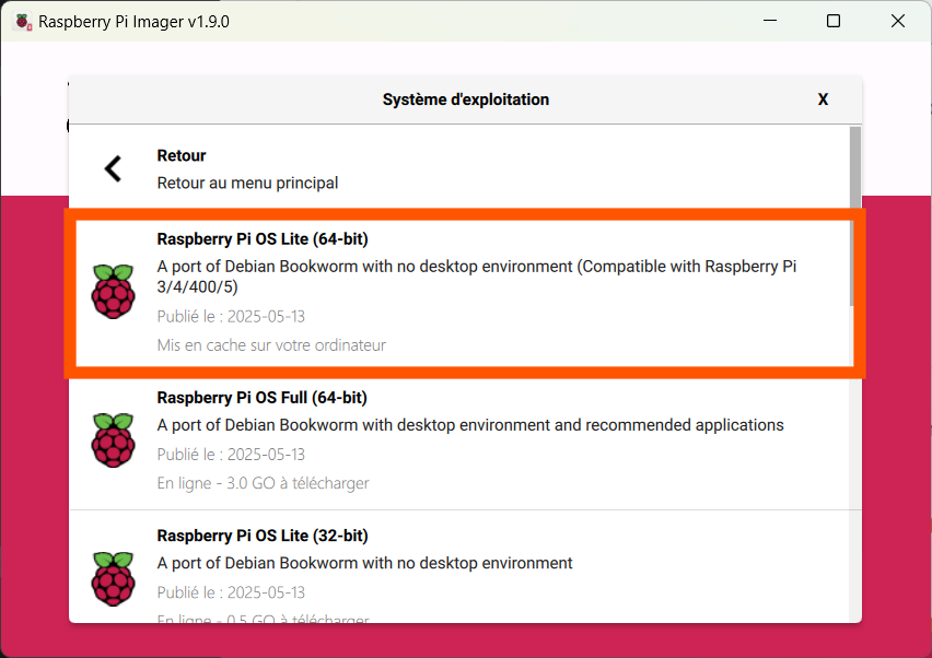 choisir l&#39;option Raspberry Pi OS Lite (64-bit)