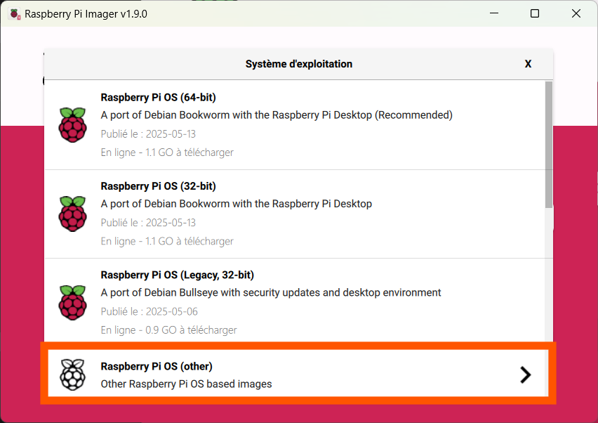 choisir l&#39;option Raspberry Pi OS (other)